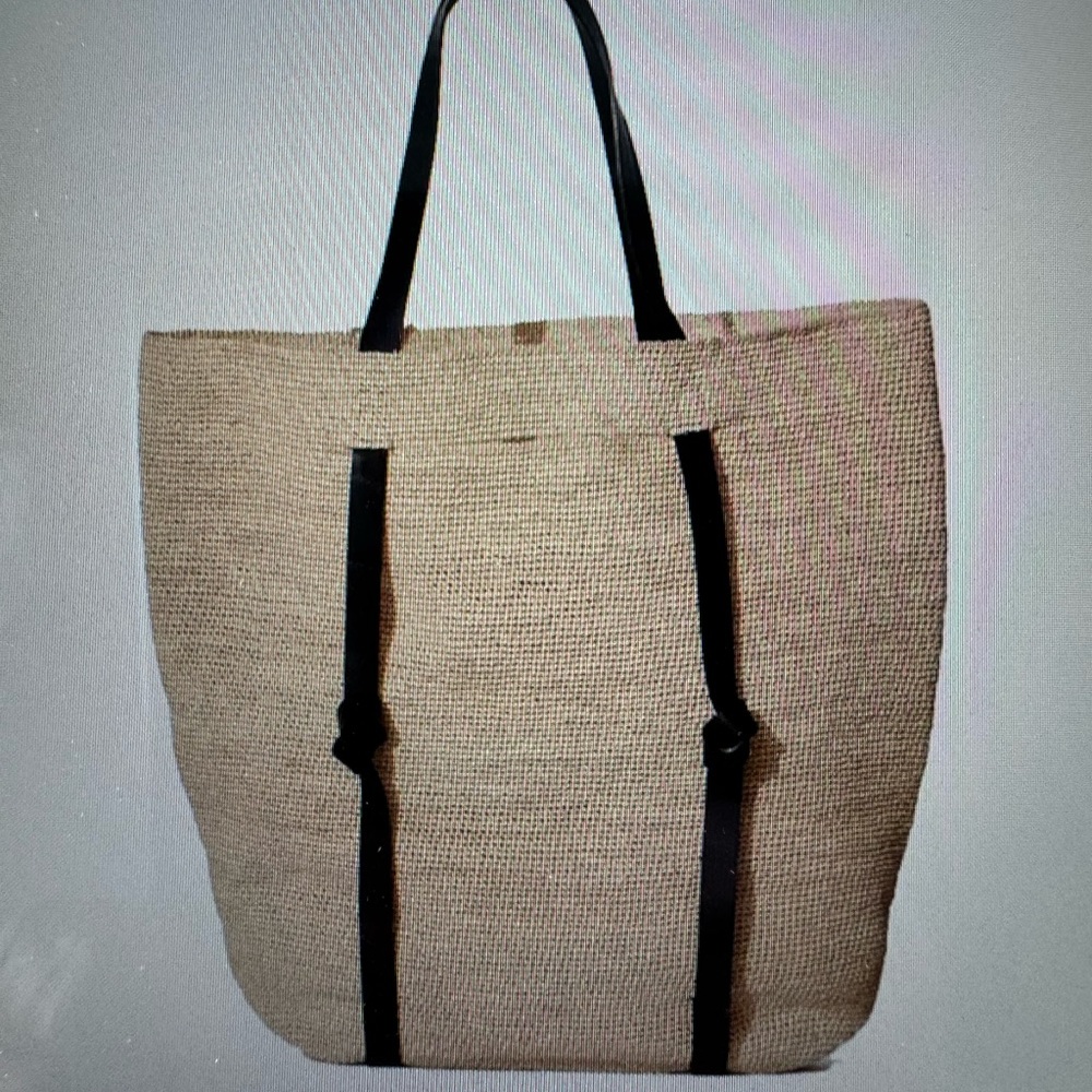 New Janessa Leone Beige Woven Tote with Black Straps